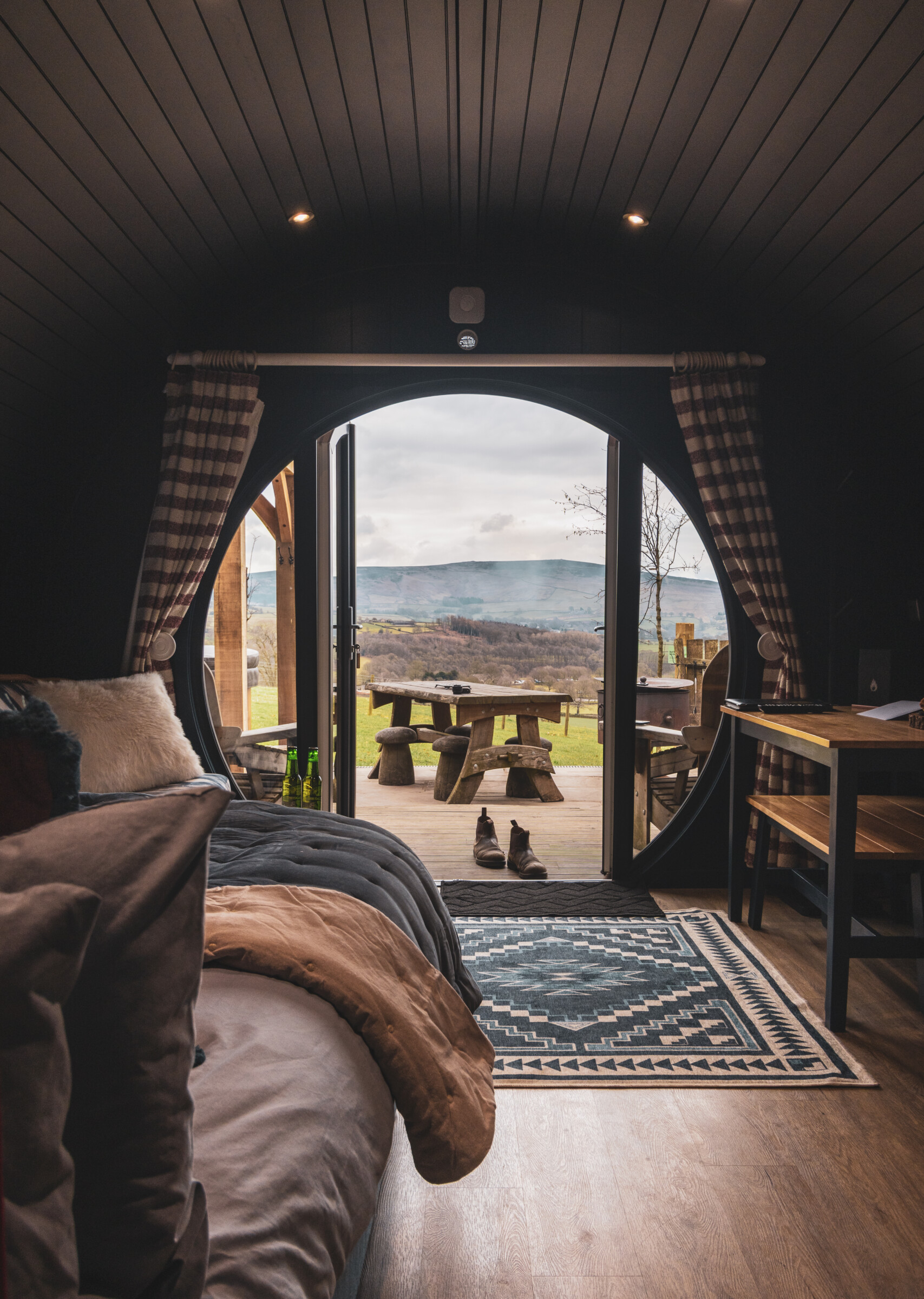 Interior of the Swiss Ski Station Pod with views over Bolton Abbey Estate and the rolling countryside.
